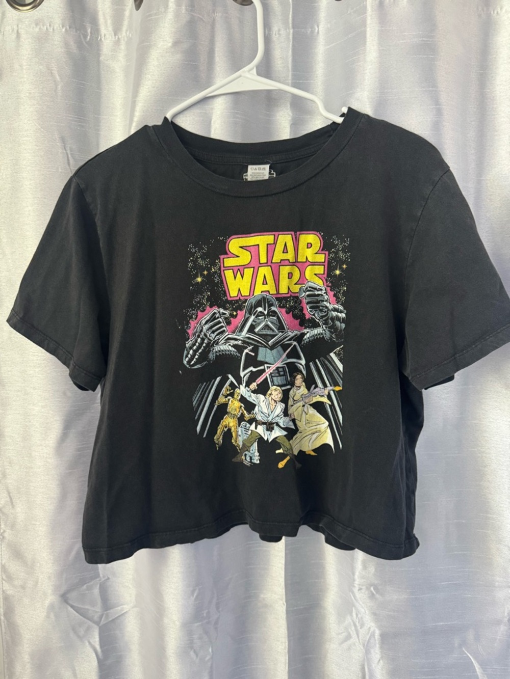 Star Wars Cropped Black Tee with Yellow Logo and Multicolor Character Print